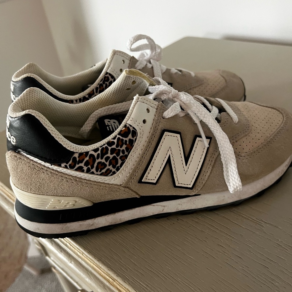 New Balance Tan and Leopard Print Sneakers